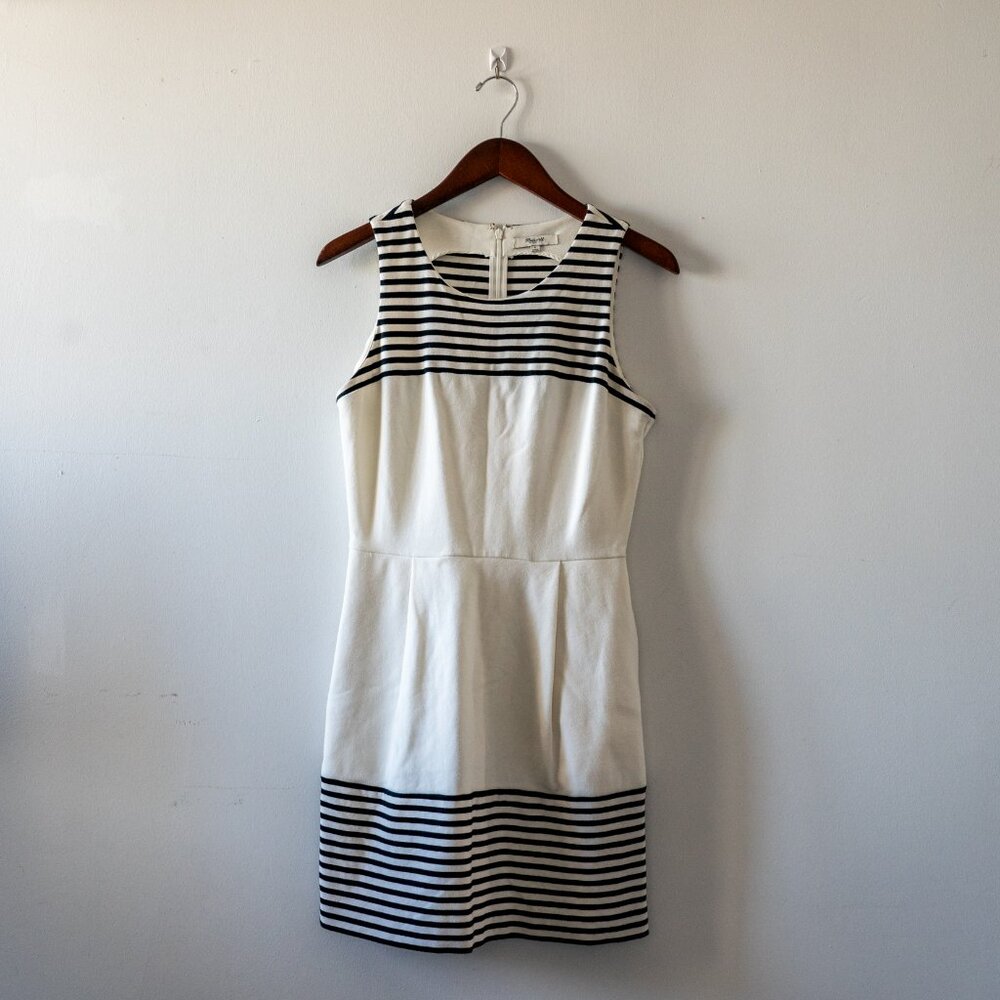 MADEWELL Sz Small Verse Striped Black Ivory Ponte Dress Sleeveless, Side Pockets